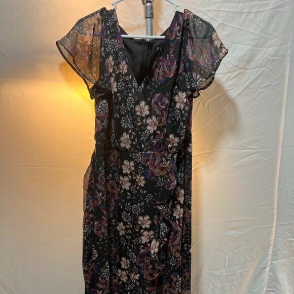 Kensie Floral Chiffon Wrap Dress | Size 14 | Black Multi - Picture 2 of 9